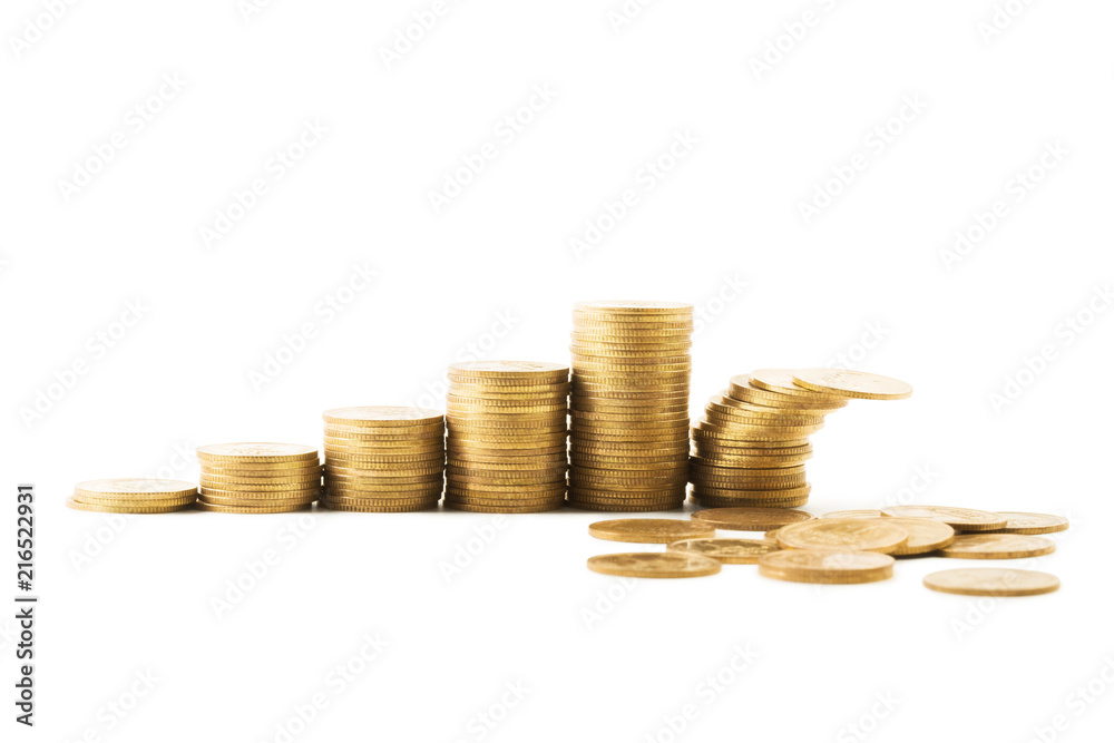 Growing coins columns, the biggest one is falling, all isolated on white background Growing coins columns, the biggest one is falling, all isolated on white background