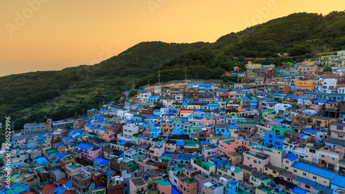 Beautiful sunset of Gamcheon Culture Village located in Busan city © yooranpark