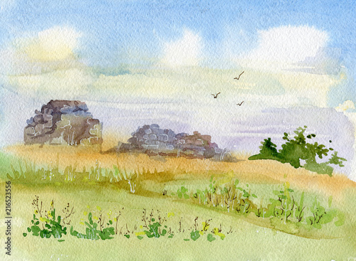 Watercolor landscape with the ruins of the tower. Ruins of the old fortress, Inkerman, Sevastopol, Crimea photo