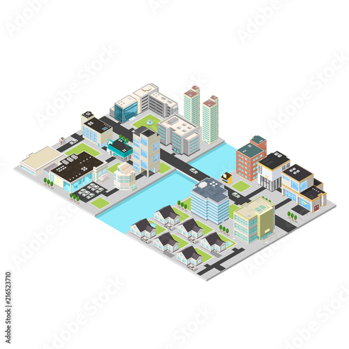 Isometric Vector City Districts.  Large urban cityscape separated by water.