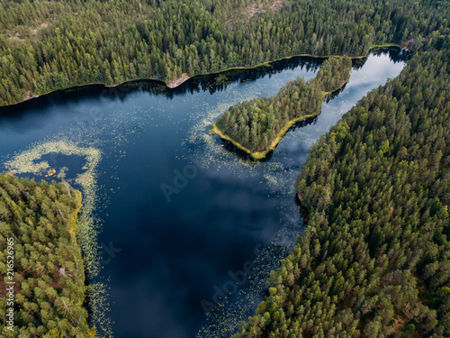 Finnish landscape in Nuuksio national park. Aerial view to lake