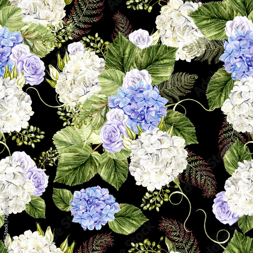 Beautiful  watercolor pattern with roses and hudrangea flowers.