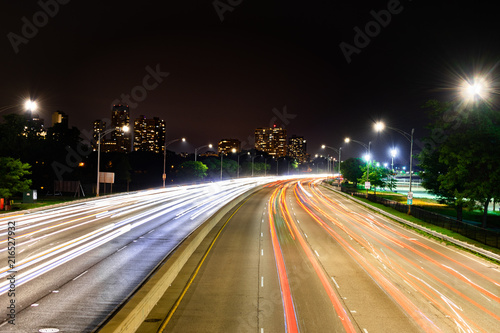 Long exposure shot at night overlooking north bound Lake Shore Drive in Chicago, Illinois