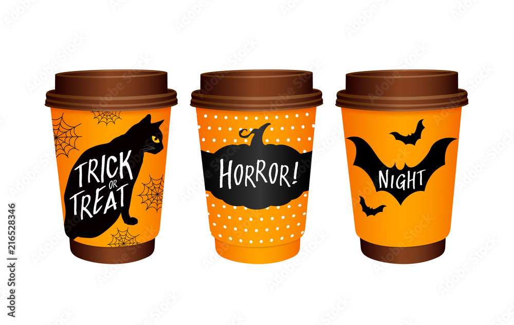 Set of paper Coffee Cups with Halloween elements design. Black cats, Pumpkin, Bat. Happy Halloween day. Trick or treat. Illustration isolated on white background. Set of paper Coffee Cups with Halloween elements design. Black cats, Pumpkin, Bat. Happy Halloween day. Trick or treat. Illustration isolated on white background.
