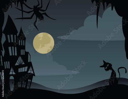 Illustrations for halloween , The big house and cat in dark tone