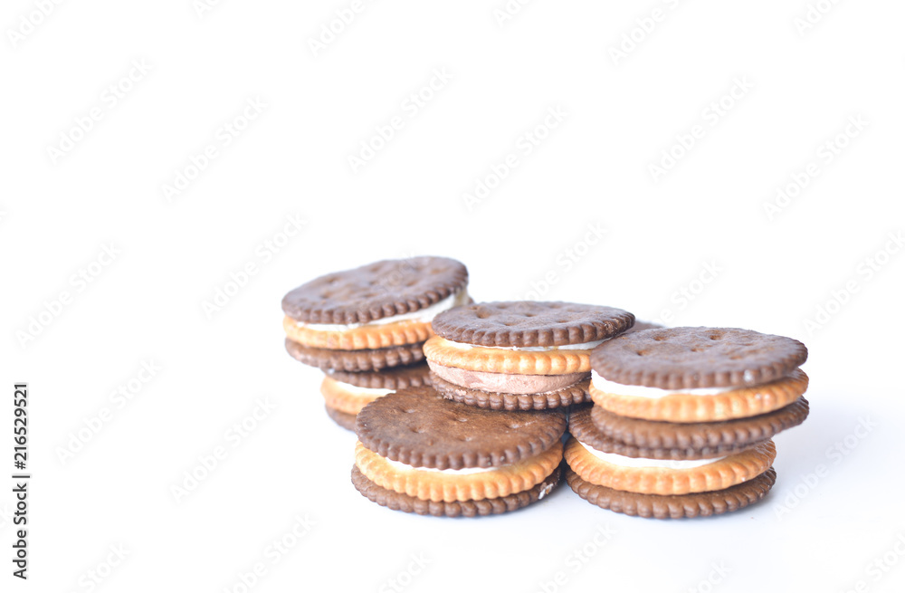 Chocolate Biscuits isolated on white background. selective focus with text space. Chocolate Biscuits isolated on white background. selective focus with text space.