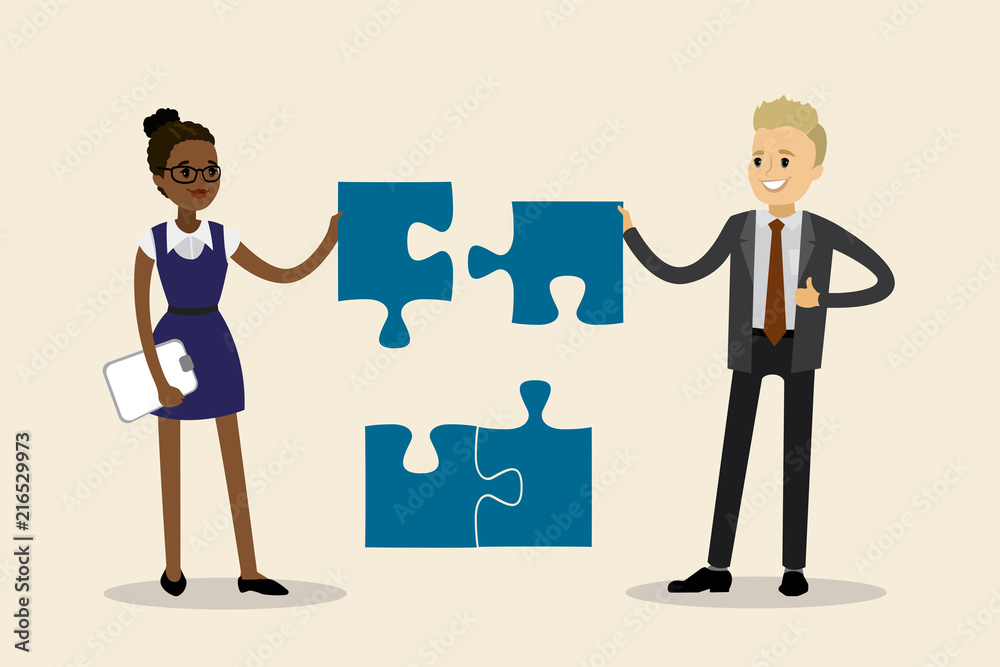 Fototapeta premium Business people different races with puzzle parts,