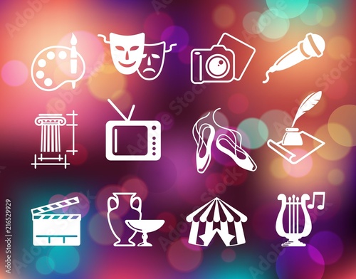 Symbols of culture, arts and entertainment on the Colorful background with defocused lights