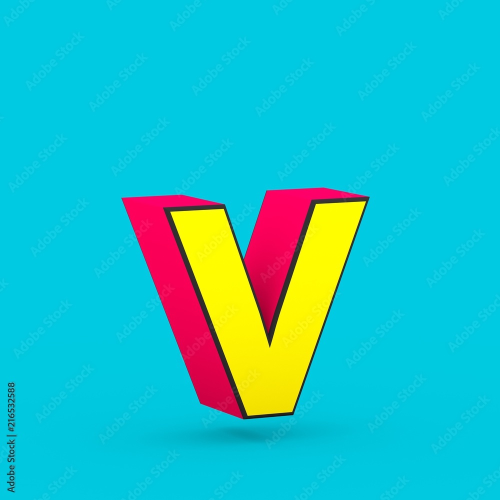 Superhero red and yellow letter V lowercase isolated on blue background.