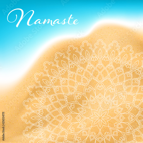 Flyer or brochure template with hand drawn mandala pattern on seashore background. Yoga classes banner. Vector Illustration