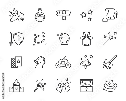 set of fantasy vector icons, such as dragon, unicorn, treasure and more