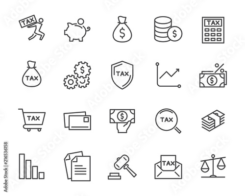 set of tax vector line icons, such as mail, payment, money, legal and more