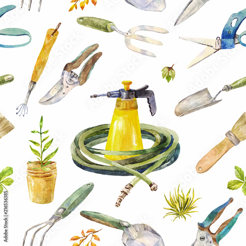 Watercolor garden instruments. Seamless pattern 