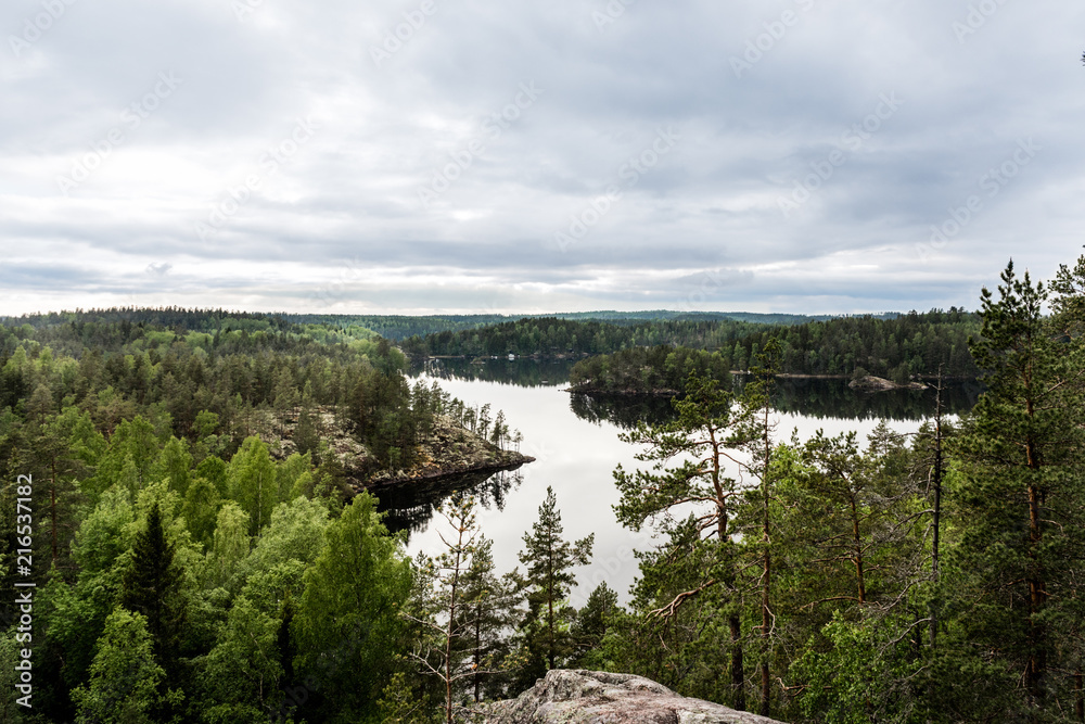 Fototapeta premium High above a lake szenerie in finland during midsummer