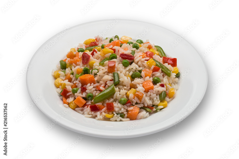 Rice with vegetables, isolated on white background Rice with vegetables, isolated on white background