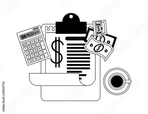 clipboard taxes with calculator and bills vector illustration design