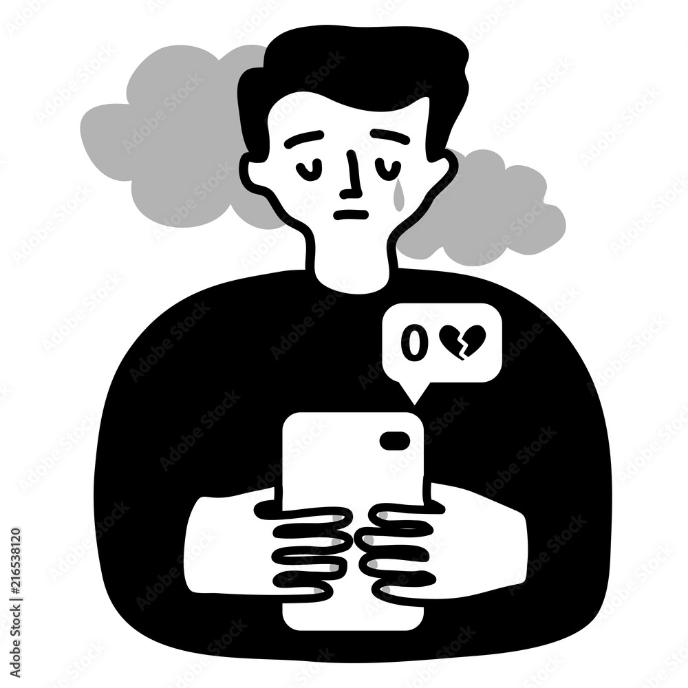 Monochrome vector illustration of a sad boy who gets no likes on social networks. Depressive mindset concept. Addiction to social media. Monochrome vector illustration of a sad boy who gets no likes on social networks. Depressive mindset concept. Addiction to social media.