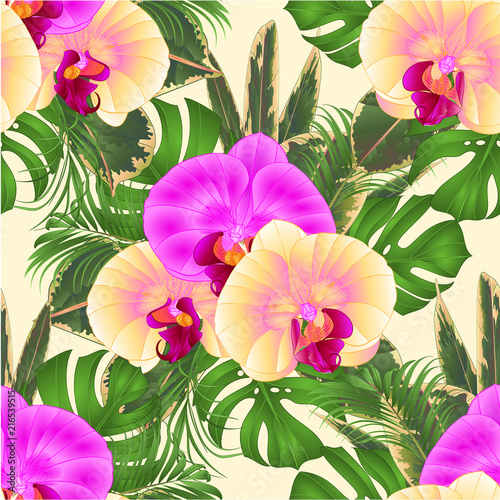 Seamless texture bouquet with tropical flowers  floral arrangement  with beautiful yellow and purple orchids  palm philodendron and ficus vintage vector illustration  editable hand draw