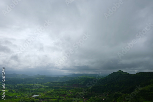 Lush green monsoon nature landscape mountains, hills, Purandar, Pune, Maharashtra, India 