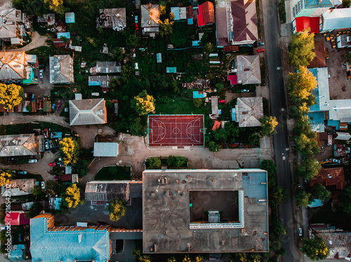 Football field top view with drone, aerial photography, Russia, Tomsk.