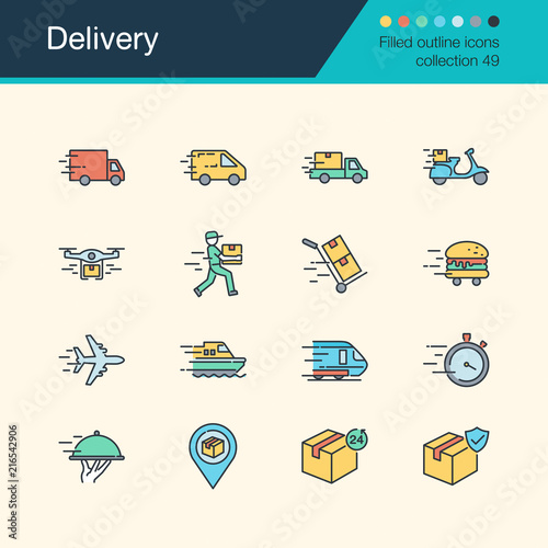 Delivery icons. Filled outline design collection 49. For presentation, graphic design, mobile application, web design, infographics.