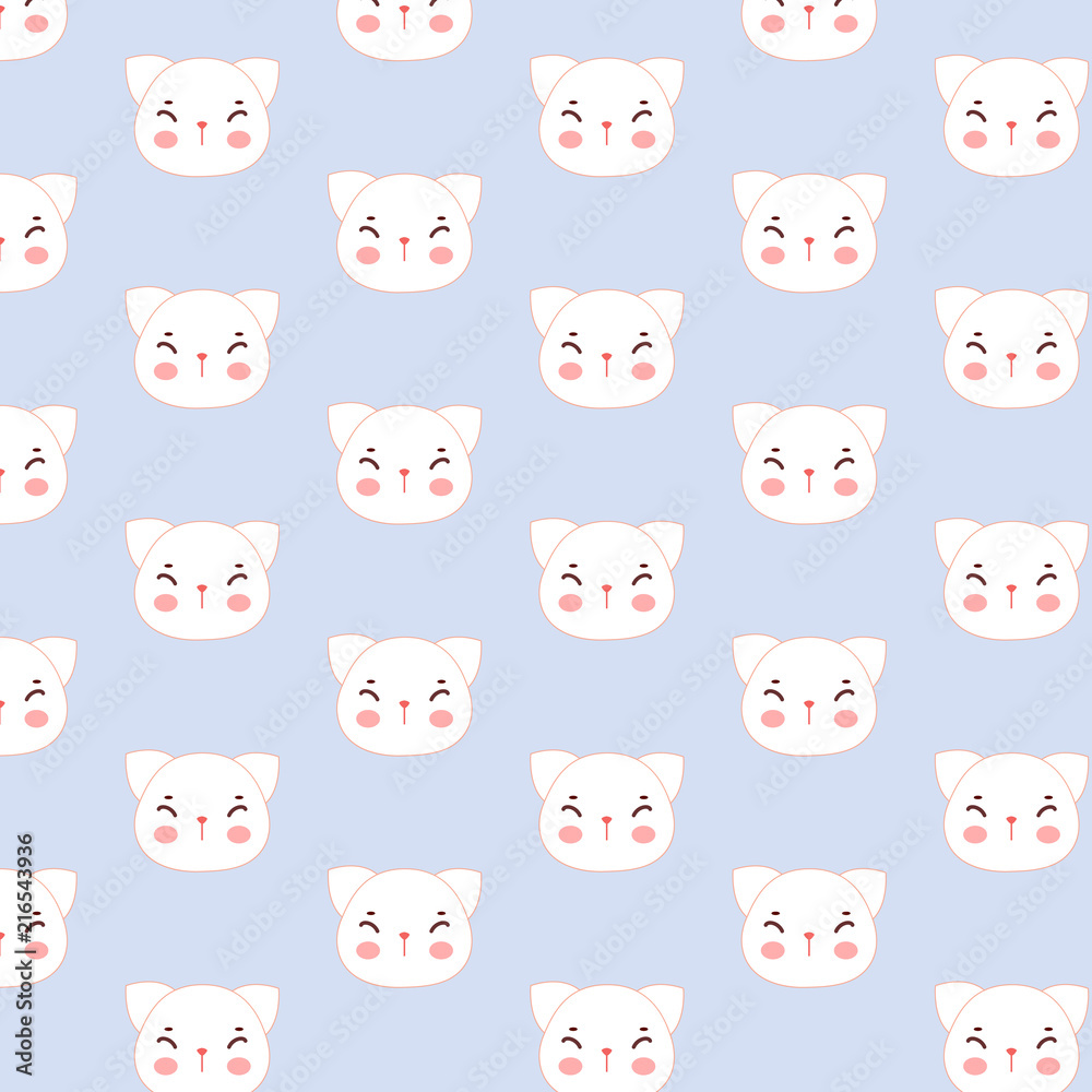 Ornament abstract pattern with white cute cat face on white background