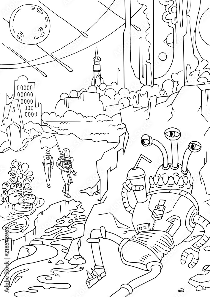 Space landscape. Another planet with colony. Digital stamp. Coloring