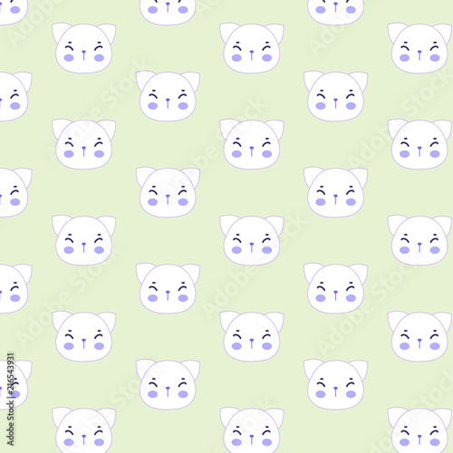 Ornament abstract pattern with white cute cat face on green background