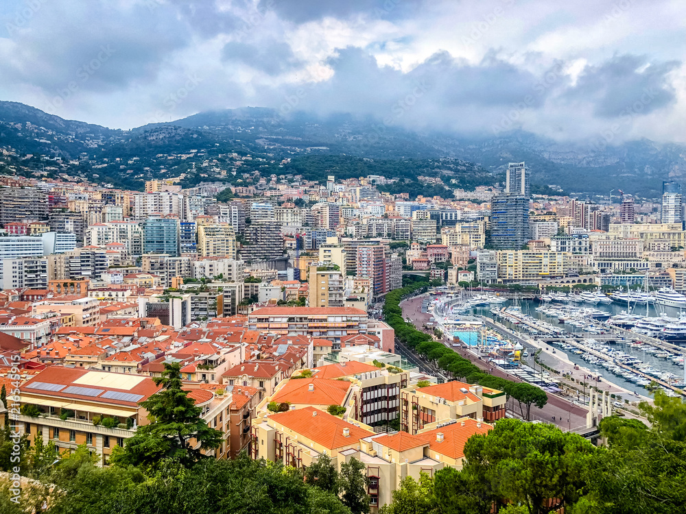 Landscape Panorama of Monaco coast with the medieval Monaco-Ville ward, Monaco Ville Harbour Monte Carlo, Monaco