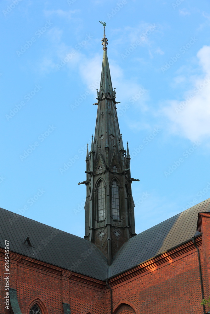 Obraz premium Beautiful view on top tower on blue sky background. Gorgeous backgrounds. Architecture concept.