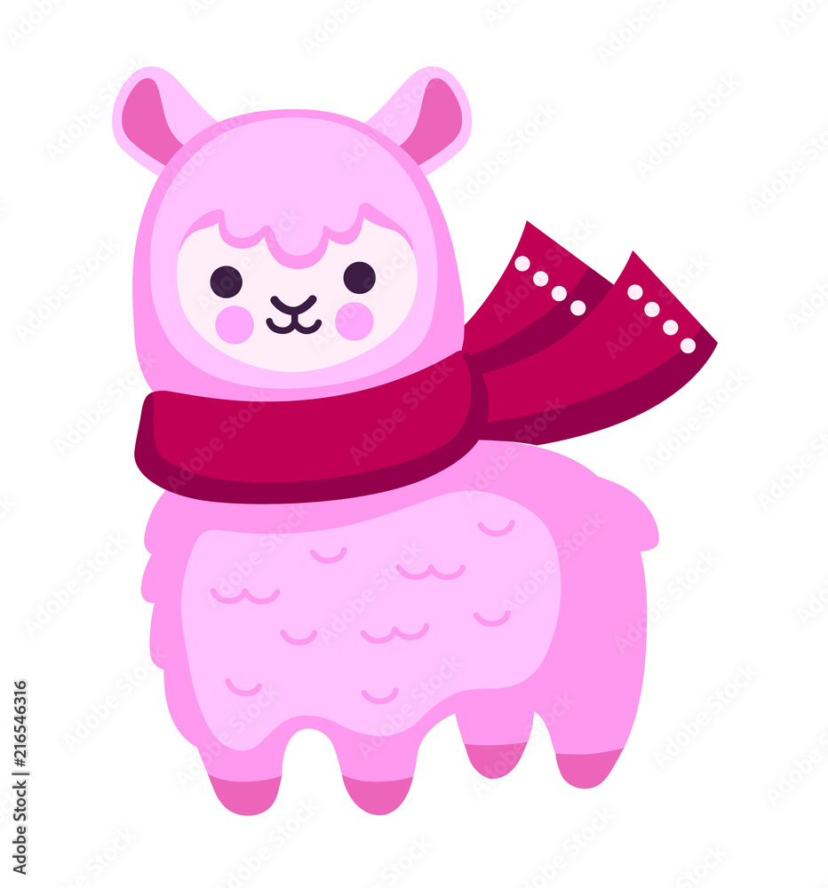 Pink cartoon alpaca with scarf. Vector illustration. Pink cartoon alpaca with scarf. Vector illustration.