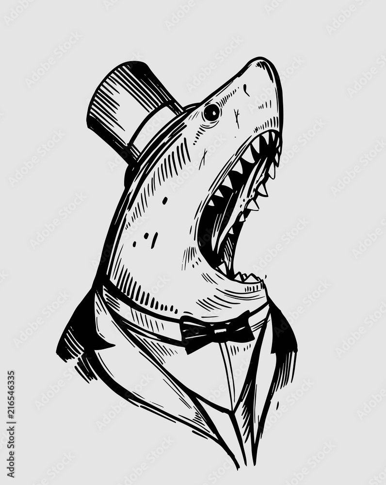 Obraz premium Shark in a jacket. Hand drawn illustration. Vector