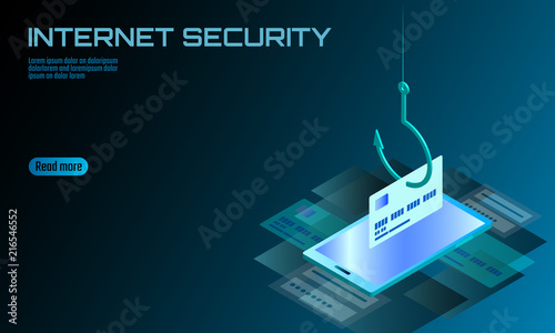 Isometric 3D smartphone credit card cvv password phishing. Personal information account email online scam hacker. Spam antivirus internet security spam concept banner template card vector illustration