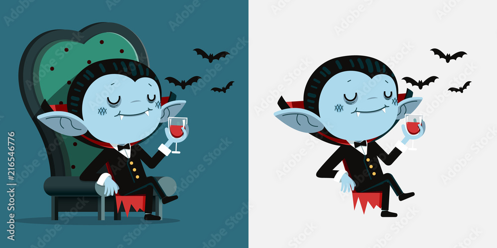 Cute cartoon tiny Dracula sit in a chair and drink blood Stock Vector |  Adobe Stock