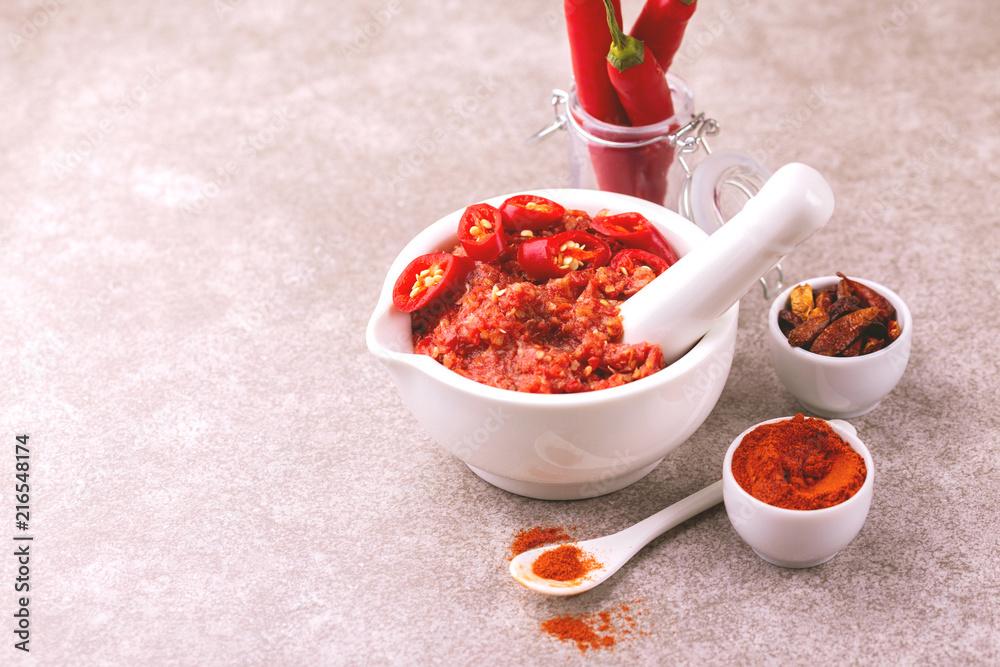 Traditional Maghrebi hot chili pepper sauce paste harissa. adjika Traditional Maghrebi hot chili pepper sauce paste harissa. adjika