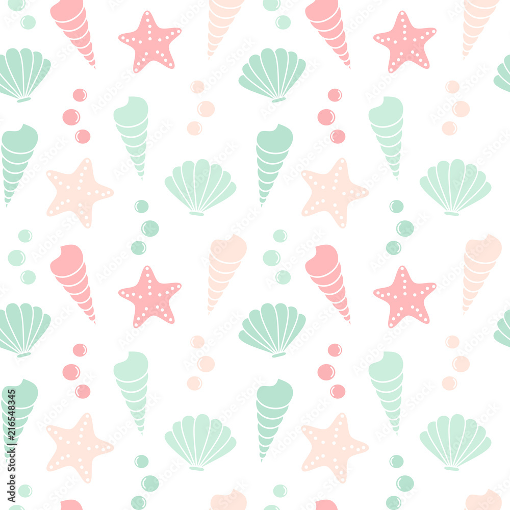 cute colorful summer seamless vector pattern background illustration with  seashells and starfishes Stock Vector