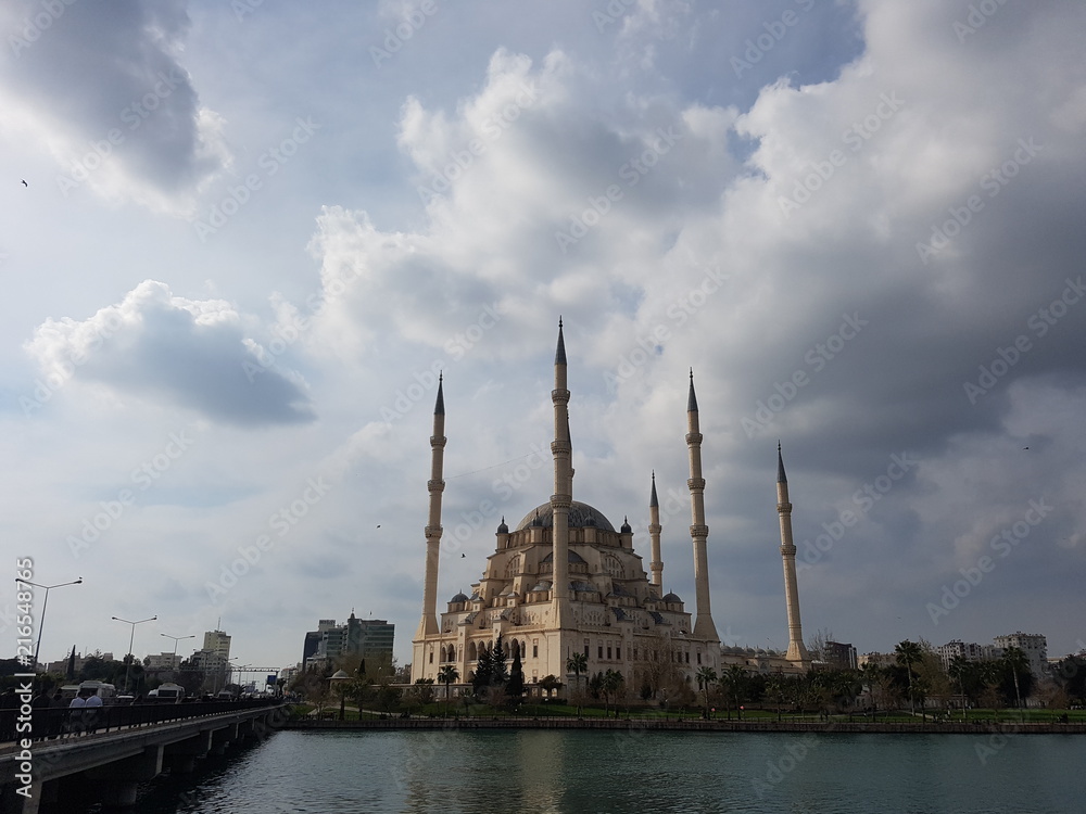 Adana Central Mosque, stone bridge and Seyhan river together.