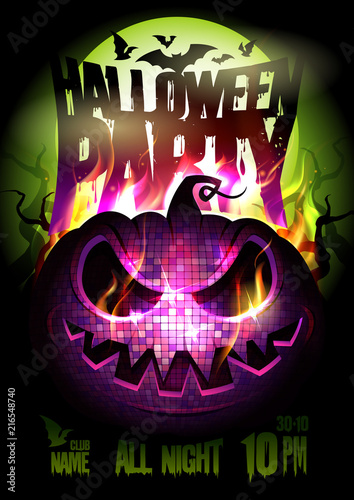 Halloween party vector poster design, burning pumpkin, full moon, fire flame