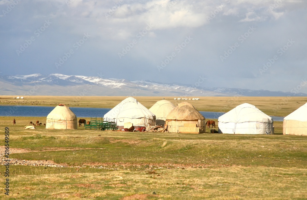 The ger camp in a large meadow at Song kul lake ,  Naryn of Kyrgyzstan
