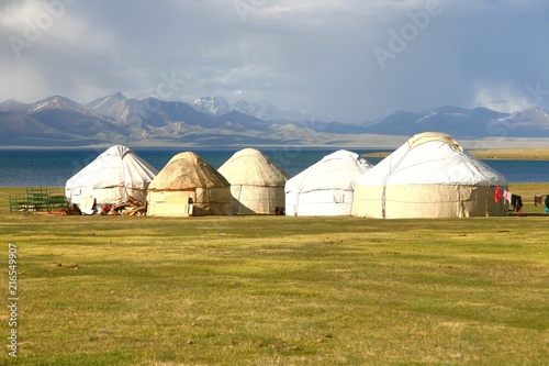 The ger camp in a large meadow at Song kul lake    Naryn of Kyrgyzstan