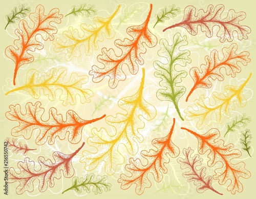 Autumn Tree, Illustration Wallpaper Background of Hand Drawn of Oak Leaves. Symbolic Tree to Show The Signs of Autumn Season.  photo