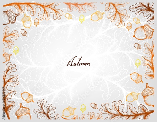 Autumn Tree, Illustration Hand Drawn Frame of Oak Leaves and Fruits. Symbolic Tree to Show The Signs of Autumn Season.  photo