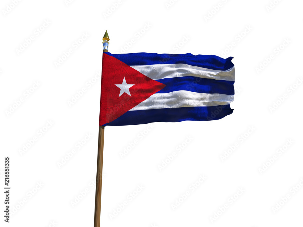 Naklejka premium Cuba flag Isolated Silk waving flag of Republic of Cuba made transparent fabric with wooden flagpole golden spear on white background isolate real photo Flags of world countries 3d illustration