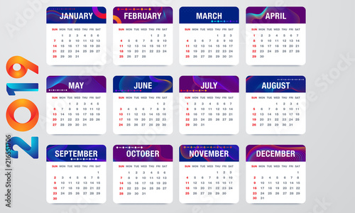 Simple 2019 year vector calendar / 2019 calendar vertical - week starts with Sunday