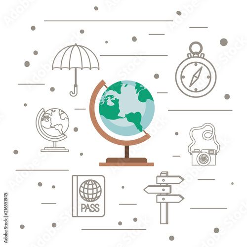 world planet with travel set icons vector illustration design