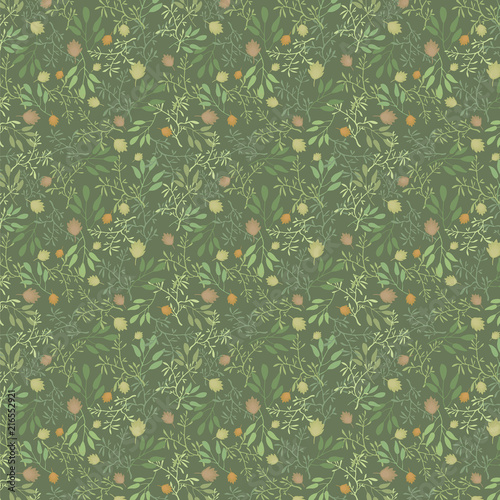 Vector seamless pattern summer grass and leaves green orangish brown natural forest pattern on a dark green background.