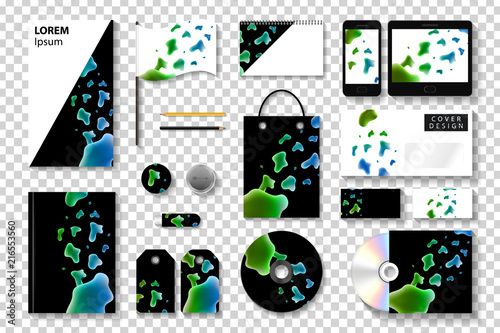 Vector realistic isolated branding stationery mock up template with fluid and lava lamp shape design for corporate identity design on the transparent background.