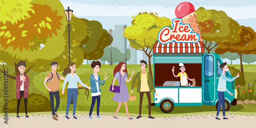 Park, cart and ice cream seller, track, happy people stand in line for ice cream, men and women, different characters, outdoor, vector, illustration, isolated cartoon style