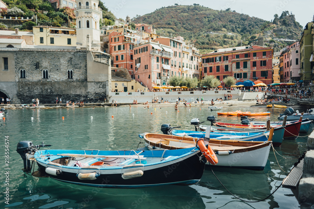 Boats in the Vernazza bay in National park Cinque Terre, Liguria, Italy