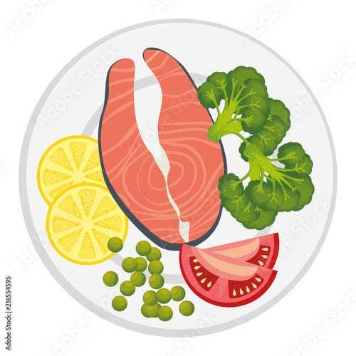 dish with fresh salmon steak and vegetables